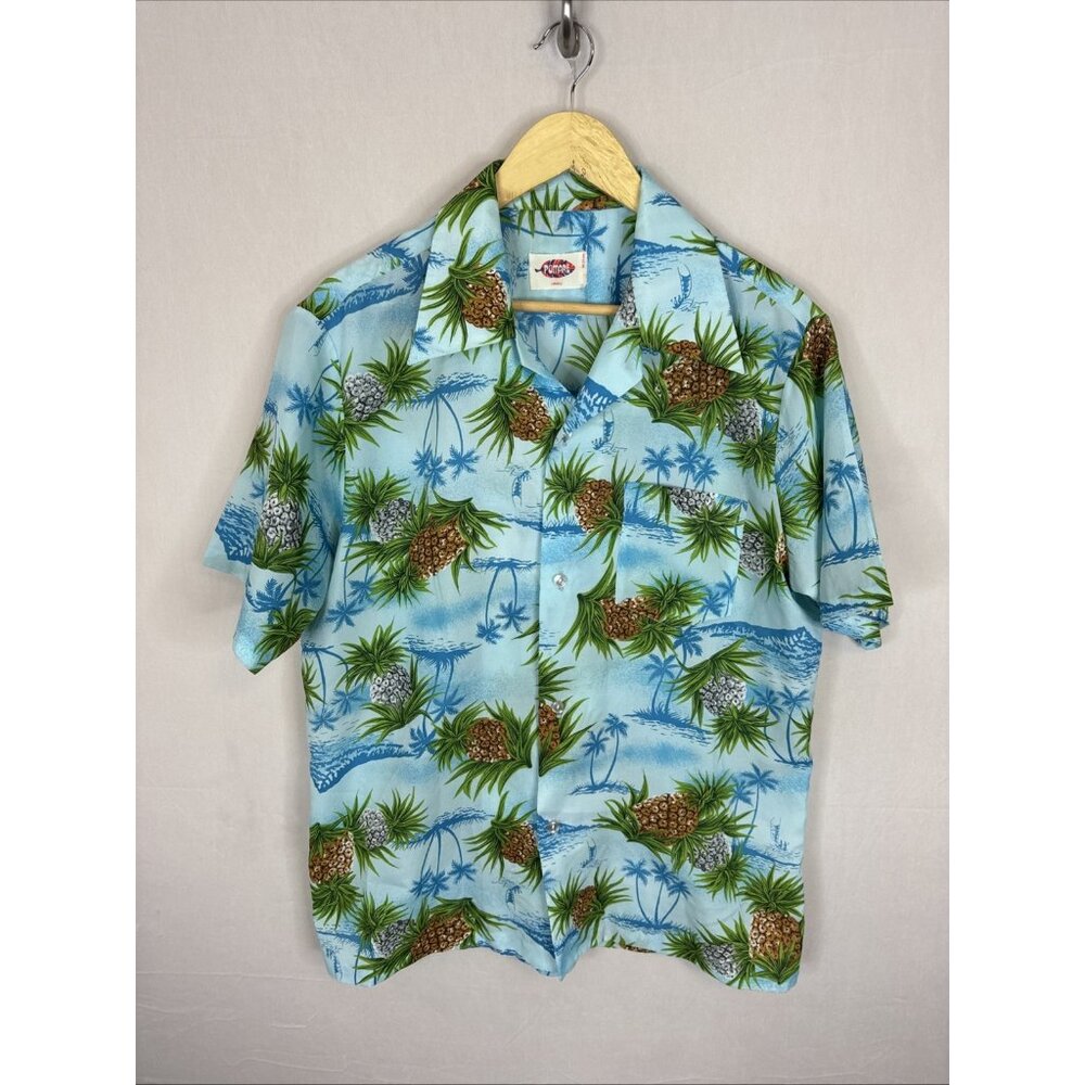 Vintage Pomare Hawaii Pineapple Connection Aloha Shirt Mens L Blue Pineapple